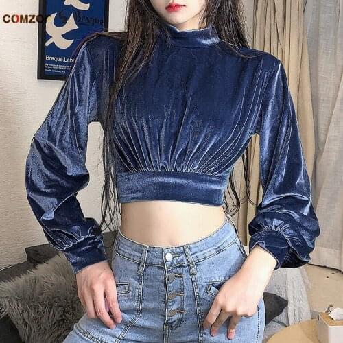 Long Sleeve Crop Top Women Velvet T Shirt 2021 Autumn Vintage Velour Tees Pullover Tops Clothing Roupas Femininas