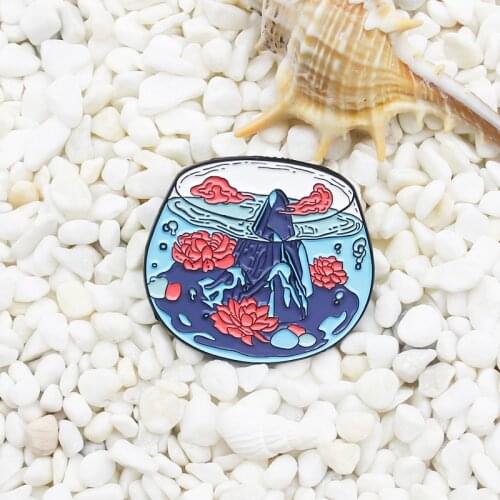 Round glass fish tank Enamel Brooch Red lotus Blue rockery cloud Lapel Pin Creative Badge Gifts for friends