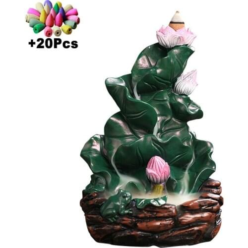 Ceramic Lotus Waterfall Backflow Incense Burner With 20 Pcs Incense Cones Home Decor Aromatherapy Peaceful Zen Yoga Ornaments