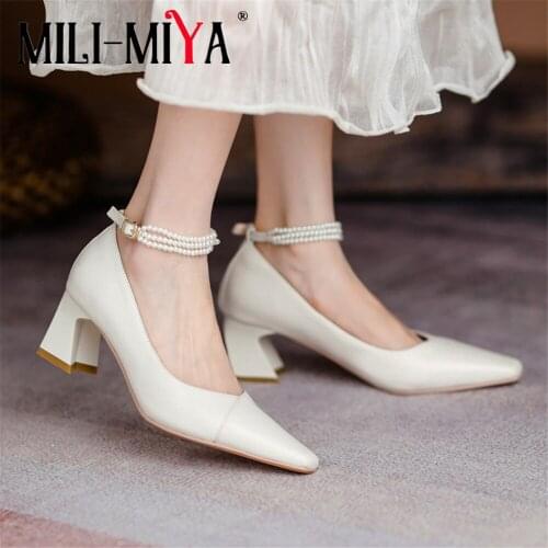MILI-MIYA Pearl Straps Chunky Heels Pumps Retro Women Square Toe Ankle String Bead Buckle Shallow Wedding Dress Shoes Big Size
