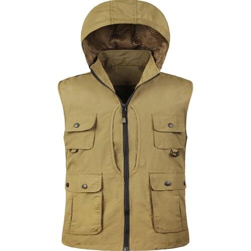 2021 Mens Multi-Pocket Winter Thickened Photojournalist Outdoor Waistcoat Stand Collar Hooded Vest