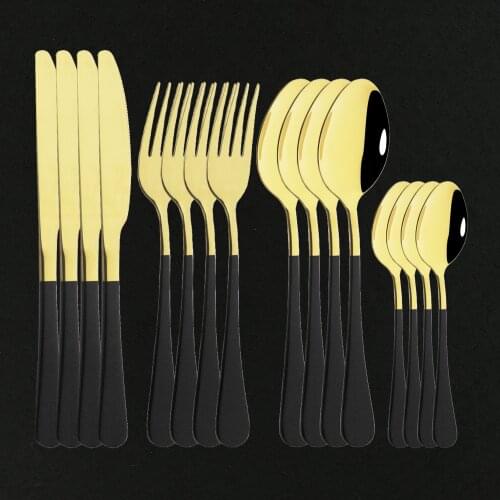 Western 16Pcs/Set Black Tableware Stainless Steel Flatware Cutlery Set Fork Knife Spoon Kitchen Dinner Set Gold Dinnerware Set