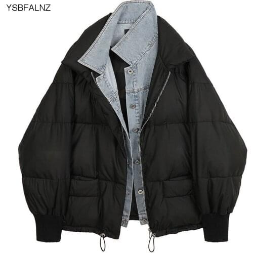 Fad New Fake Two-piece Vogue Warm Cotton Jacket Female Autumn And Winter Loose Large Size Denim Stitching Bread Jacket Trend