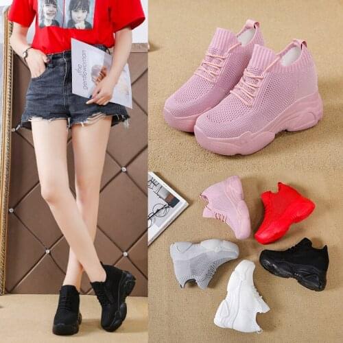 New Spring And Autumn Chunky Sports Shoes Breathable Mesh Wedge Heel Socks Shoes Versatile Knitted Inner Increase Womens Shoes