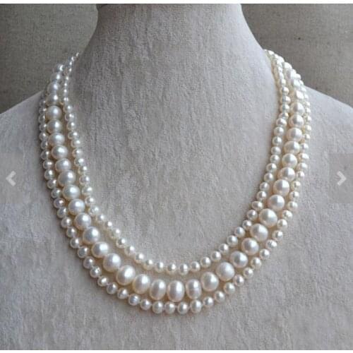 New Arrival Favorite Pearl Necklace 5-9mm 3 Rows White Real Freshwater Pearl Handmade Fashion Jewelry Nice Women Gift