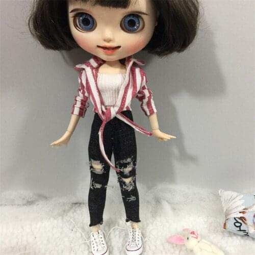 Blythes doll dress fits with a stylish 1/6 red striped shirt white chest wrap and 3 pieces of black regular torn trousers
