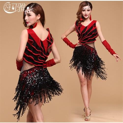 2019 Multilateral Fringe Ballroom Dance Competition Dresses Sequin Latin Costume Rumba/Salsa Dress (Skirt+2xGloves+2xEarrings)