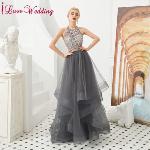 Vestidos de gala Prom Dresses Sexy Halter Beaded Party Dress Gray Ruffles Skirt Open Back Prom Dresses long