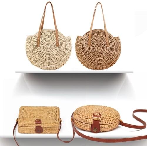Simple Straw Round Women shoulder bag Handmade Woven Bohemian Women Handbag Summer Beach Lady wicker rattan bag Large capacity