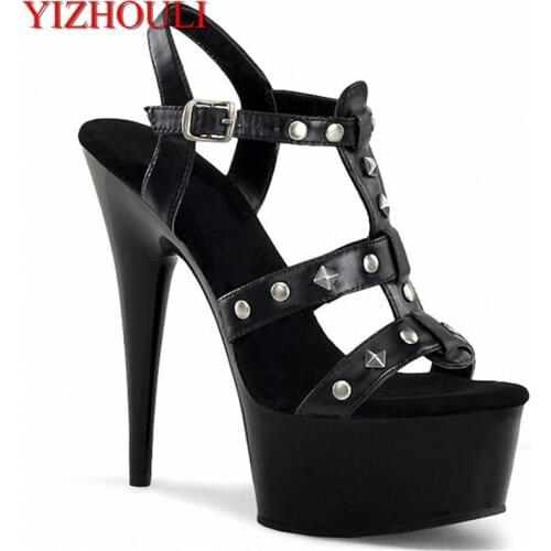 Summer new 15CM open-toe sandals, sexy rivet trim heels and black paint, dancing shoes