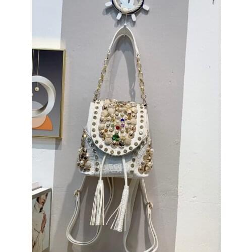 Rhinestone backpack female 2021 new fashion beaded diamond bucket bag shoulder handbag casual backpack chain messenger bag