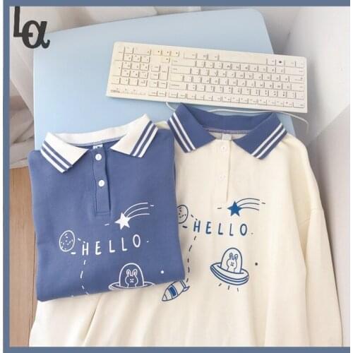 Luck A Harajuku Aesthetic Rabbit Anime t-shirt Women Korean Kawaii Spring Long Sleeve Turn Down Collar Plus Oversize Clothes Top