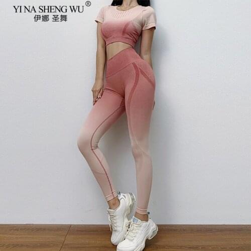 Women Yoga Set Sport Suit Gradient Seamless Short Sleeve Crop Top Scrunch Butt LeggingsYoga Pants Sportswear Gym Workout Clothes