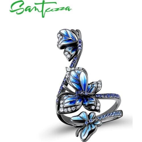 SANTUZZA Pure 925 Sterling Silver Ring For Women Blue Butterfly Rings Cubic Zirconia Party Gifts Fine Jewelry Handmade Enamel