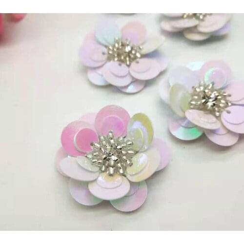 10pcs/lot Sequin Flowers 30mm Handmade Sewing Flat Back Patches DIY Wedding Shoes Bags Accessory White AB Artificial Flowers