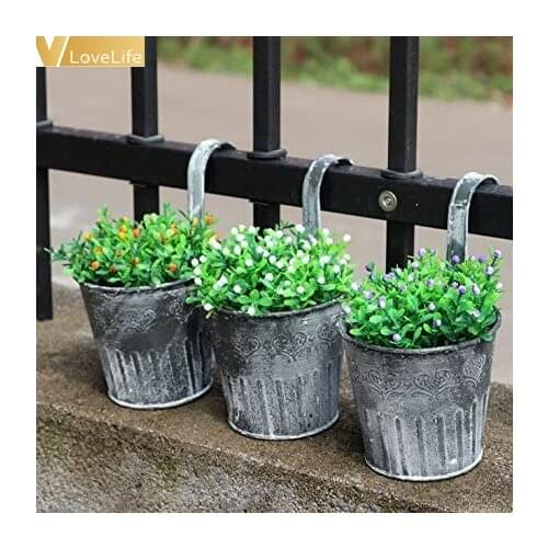 3pcs Vintage Fence Hanging Flower Pots Green Plant Hanging Flower Bucket With Hook Pots For Plants Home Garden Decoration