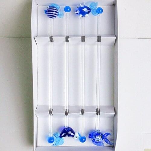 4pcs Custom hand made murano glass blue OCEAN FISH figurines head Decorative Drink bar glass swizzle stick/ cocktail stick set