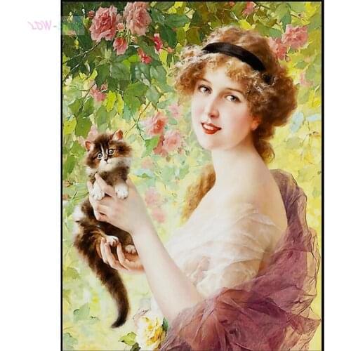 5D DIY Diamond Painting Full Square Rhinestone Diamond Mosaic Diamond Embroidery Sale European beauty and cat pattern WG209