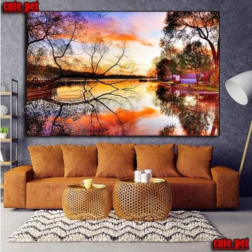 Diamond Embroidery 5D DIY Diamond Painting Autumn Landscape Tree wooden house Lake rhinestone Diamond Mosaic living room decor