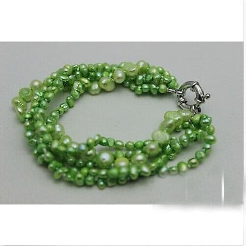Wedding Woman Jewelry Pearl 5 Strand Bracelet 8mm Bright Apple Green Baroque Natural Freshwater Pearl Bracelet
