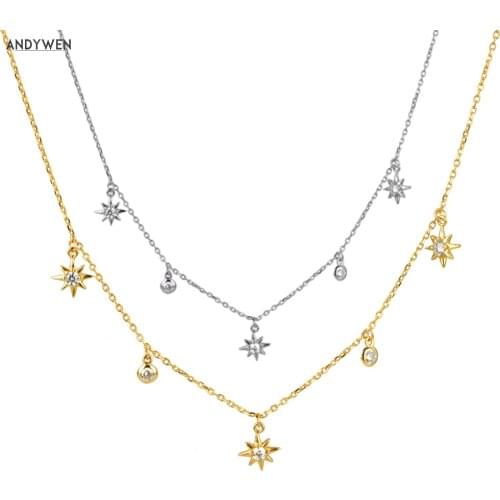 ANDYWEN 925 Sterling Silver Gold Zircon CZ Chain Flower Star Chains Choker Necklace 2020 Luxury Mini Charm Crystal Jewelry
