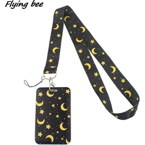 Flyingbee X1371 Yellow Moon Star Black Fashion Lanyards ID Badge Holder Bus Pass Case Cover Slip Bank Credit Card Holder