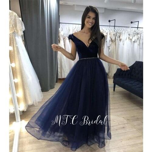 Elegant Navy Blue Long Formal Evening Dress V Neck A Line Glitter Sashes Tulle Prom Gowns 2019 Hot Selling Women Party Dresses