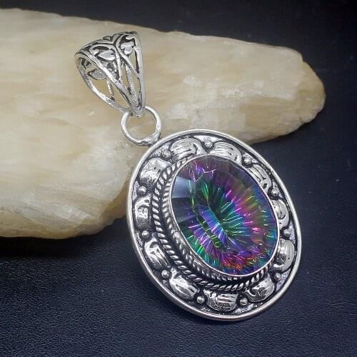 Gemstonefactory Jewelry Big Promotion 925 Silver Beautiful Rainbow Mystic Fire Topaz Women Ladies Gifts Necklace Pendant 0519