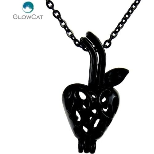 H194 Black Plated 27mm Food Strawberry Beads Pearl Cage Steel Necklace 18" Aroma Essential Oil Diffuser Locket