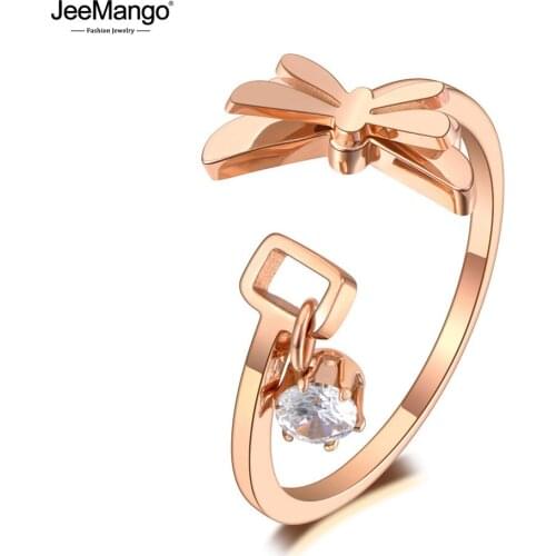 JeeMango Creative Titanium Stainless Steel Dragonfly Animal Rings Trendy Rose Gold CZ Crystal Bohemia Ring For Women JR20035