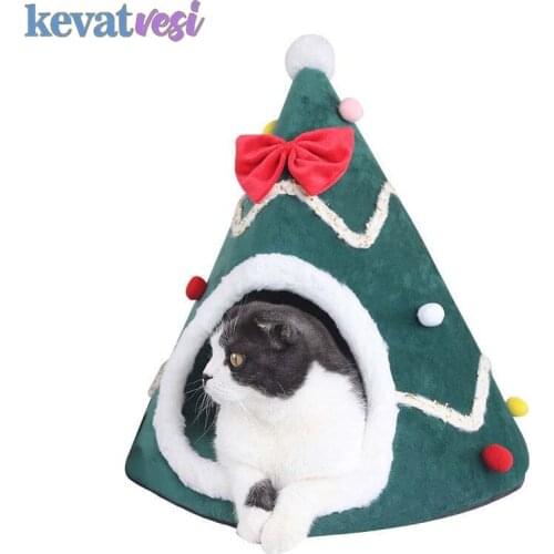 Pet Cat Bed Cute Christmas Tree Shape Dog Bed House Winter Warm Cat Bed House Soft Pet Tent Puppy Sleeping Bed Mat Cama Perro