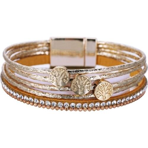 Metal Round Charm PU Leather Bracelets For Women 2020 Fashion Crystal Ladies Boho Multilayer Wide Wrap Bracelet Female Jewelry