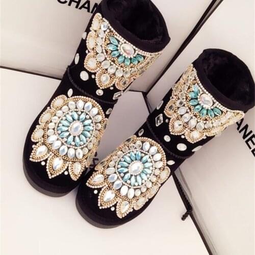 New handmade rhinestones gemstones thick non-slip warm snow boots in the tube female leather boots cotton shoes boots