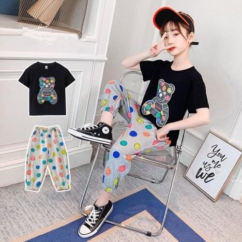 Girls Clothes 2021 New Childrens Clothing Cartoon Bear Smiley Children Short-sleeved Tshirt+Cropped Trousers Kids Clothes Set