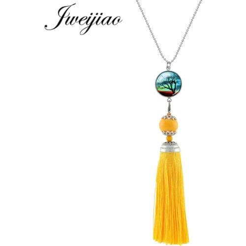JWEIJIAO Glass Cabochon Life Of Tree Images Charms Necklaces Long Yellow Tassel Pendant Female Bohemia Statement Jewelry NS321