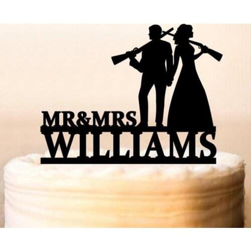 Personalized Wedding Armed Mr and Mrs silhouette cake topper, Bride and Groom with Hunter Rifle Gun,Wedding Party Decor Supplies