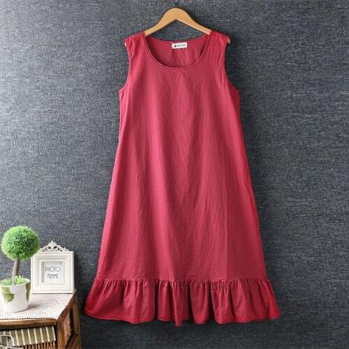 Summer big Size Women Pure Simple Fresh O-Neck Cotton Loose Dress Solid Color Sleeveless Ruffle Midi Dress Women Mori Girl 2020