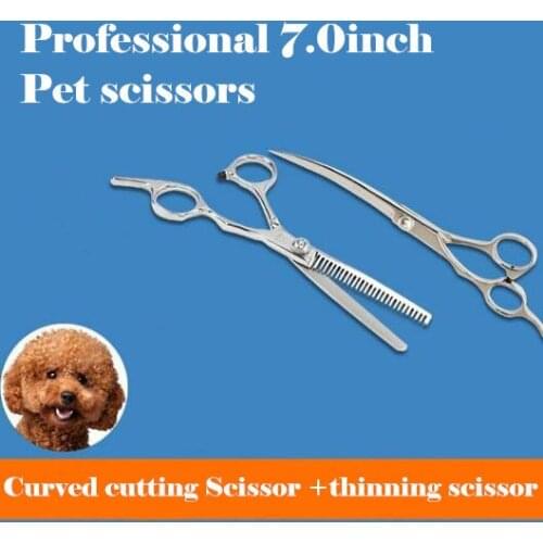 Professional 7 inch Animal dog Hairdressing Curved Cutting & thinning Scissors set Pet shears Hair Scissors Free Shipping