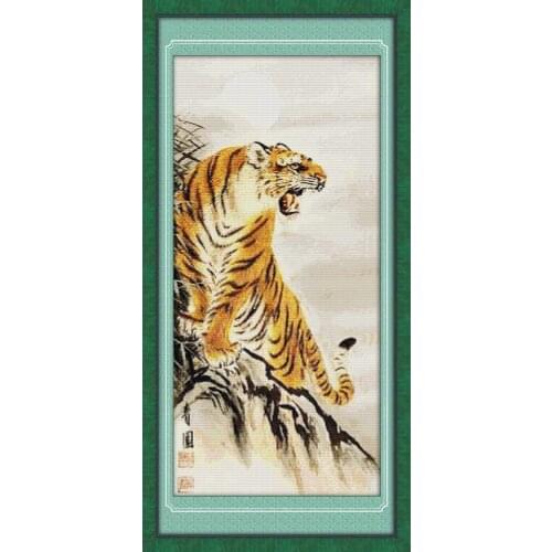 Joy Sunday Uphill Tiger Animal Paintings Simple Beginners Hand Embroidery Chinese Cross StitchNeedlework Counted Print on Canvas