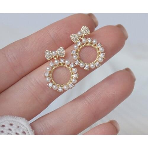 Romantic 14K Gold Plated Pearl Earrings Japanese&Korea Delicate Jewelry Zircon Knot Stud Earrings for Women