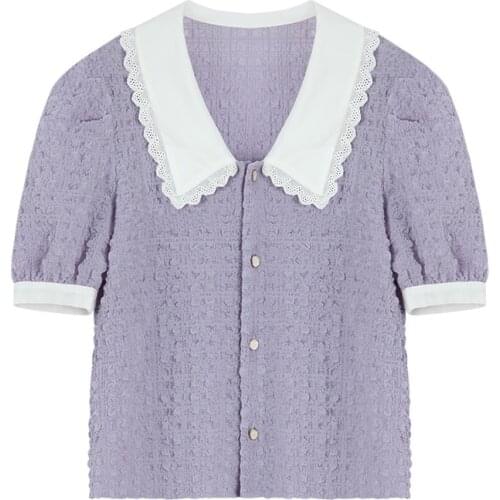 PERHAPS U Women Shirt Violet Khaki Short Sleeve Puff Sleeve Summer Turn Down Collar Kawaii B0584