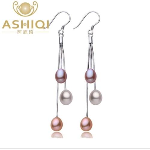 ASHIQI 100% 925 Sterling Silver tassel Drop Earrings Natural Long Freshwater Pearl Earrings jewelry