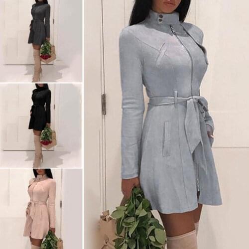 Chic Women Autumn Long Sleeve Stand Collar Zipper Slim Waist Belt Dress Coat Slit Party Dresses