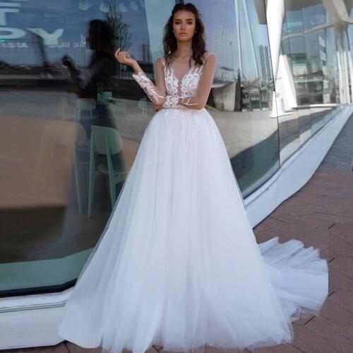 Long Sleeves Wedding Dresses Boho Scoop Neck A-Line Applique Tulle Princess Wedding Gown for Bride Robe De Mariee