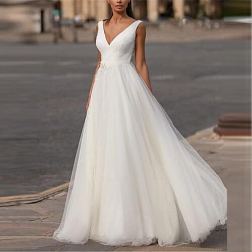 V-Neck Tulle A-Line Wedding Dresses Pleated Soft Bridal Gowns Simple Custom Princess Vestidos De Mariee Plus Size