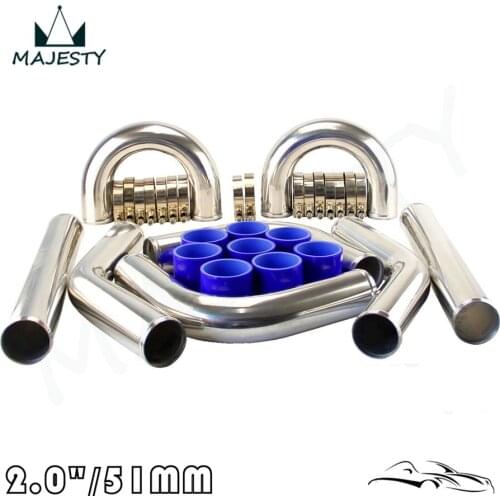 TURBO INTERCOOLER PIPE 2" CHROME ALUMINUM PIPING PIPE TUBE+T-CLAMPS+SILICONE HOSES BLUE