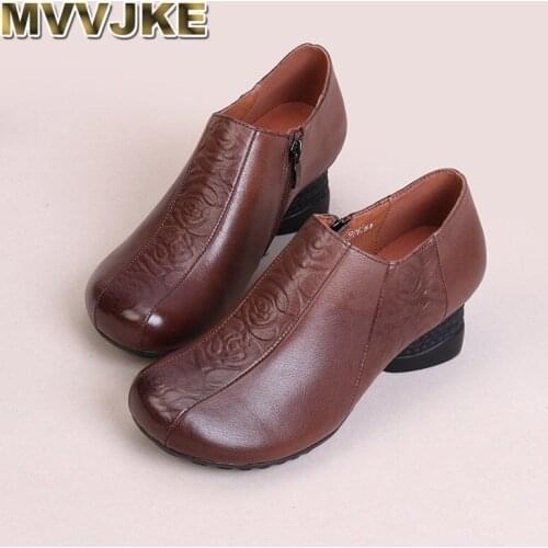MVVJKE 2019 Retro Style Handmade Shoes Women Thick With Heels Pumps Round Toe