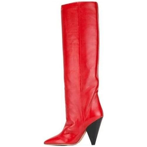 2018 Winter Boots Women Genuine Leather Red Blue Black Spiked High Heels Knee High Boots Pointed Toe Slip on Zapatos Mujer