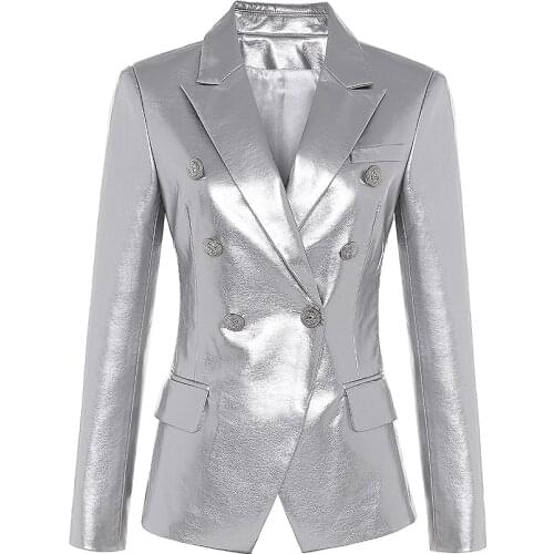 Newest Fall Winter 2020 Designer Blazer Jacket Womens Lion Metal Buttons Double Breasted Synthetic Leather Blazer Overcoat