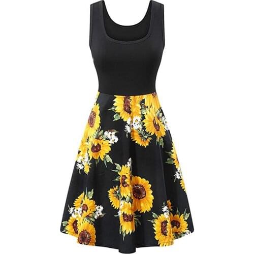 Vintage Sunflower Pineapple Print Sundress Women O-Neck Sleeveless Midi Dress fashion